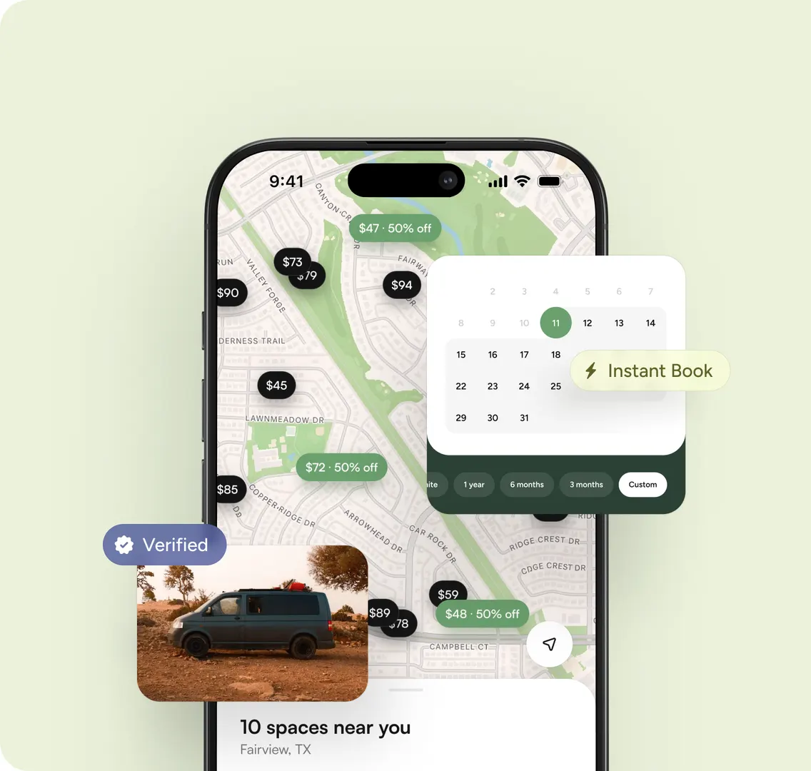 The Garage Space app showing nearby spaces on a map, with a verified listing and instant booking